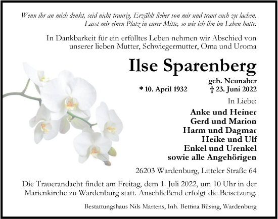 Traueranzeige von Ilse Sparenberg von Nordwest-Zeitung