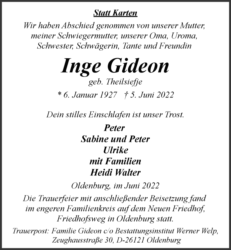  Traueranzeige für Inge Gideon vom 18.06.2022 aus Nordwest-Zeitung
