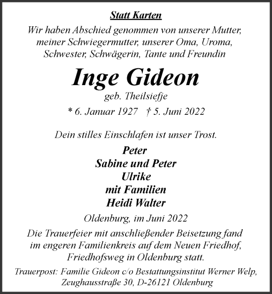Traueranzeige von Inge Gideon von Nordwest-Zeitung