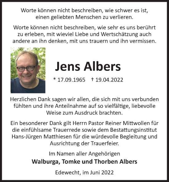 Traueranzeige von Jens Albers von Nordwest-Zeitung