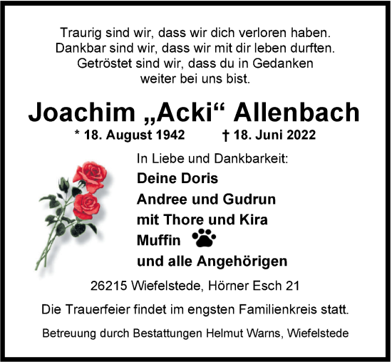 Traueranzeige von Joachim Allenbach von Nordwest-Zeitung