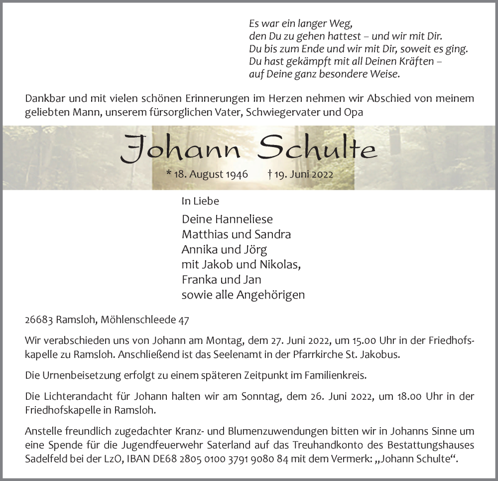  Traueranzeige für Johann Schulte vom 23.06.2022 aus Nordwest-Zeitung