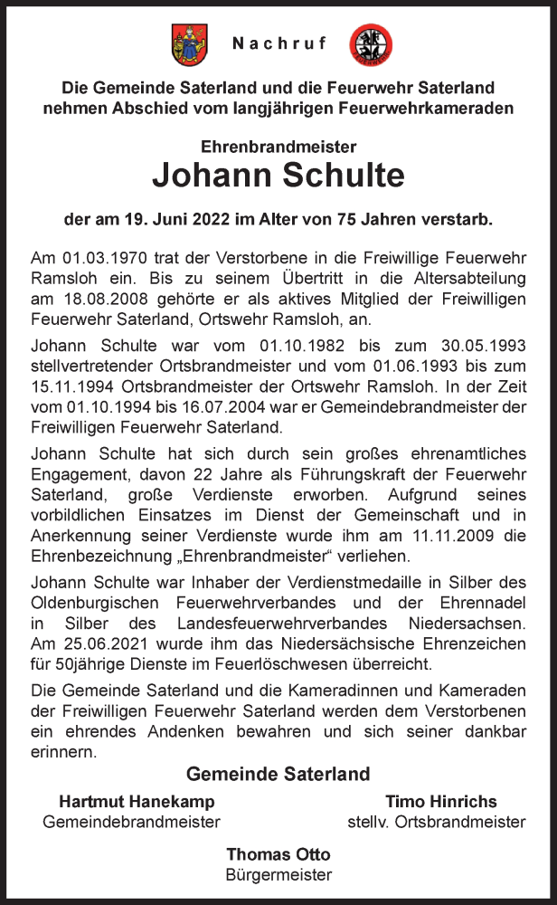  Traueranzeige für Johann Schulte vom 25.06.2022 aus Nordwest-Zeitung
