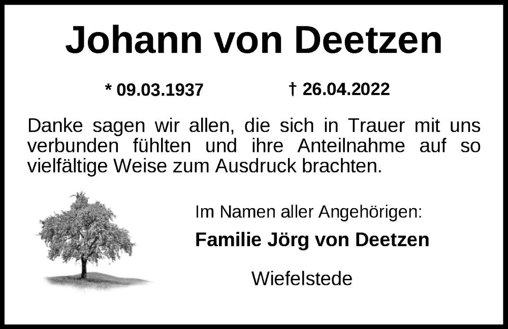  Traueranzeige für Johann von Deetzen vom 04.06.2022 aus Nordwest-Zeitung
