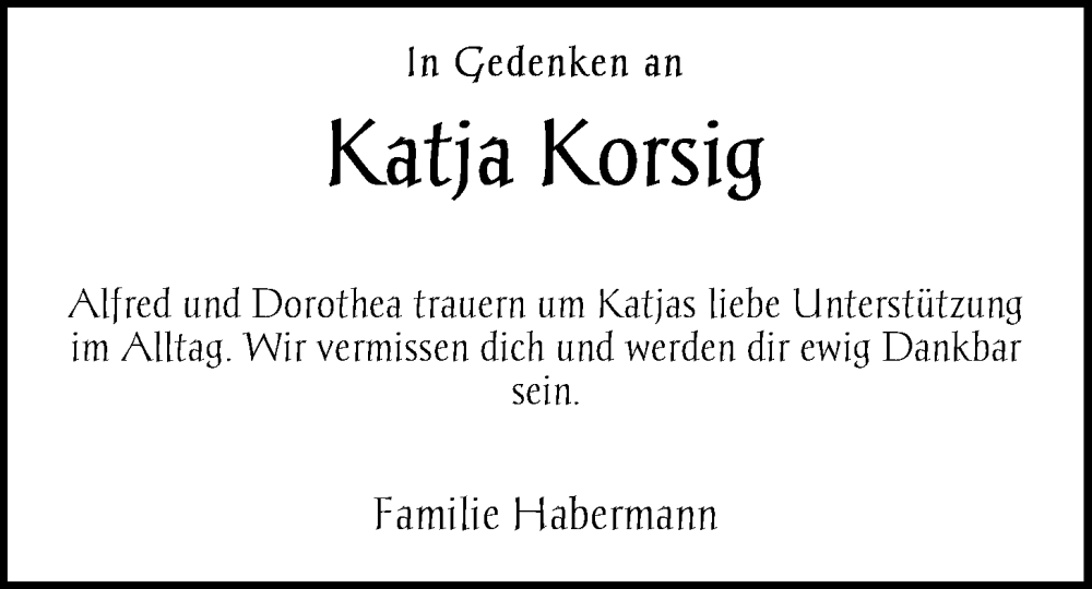  Traueranzeige für Katja Korsig vom 28.06.2022 aus Nordwest-Zeitung