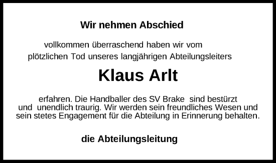 Traueranzeige von Klaus Arlt von Nordwest-Zeitung
