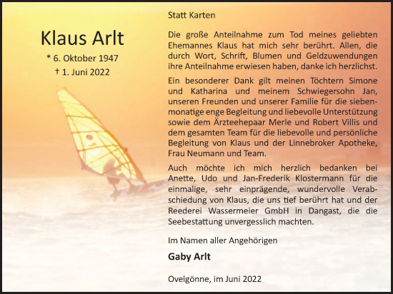 Traueranzeige von Klaus Arlt von Nordwest-Zeitung