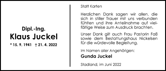 Traueranzeige von Klaus Juckel von Nordwest-Zeitung