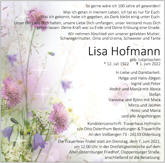 Traueranzeige von Lisa Hofmann von Nordwest-Zeitung