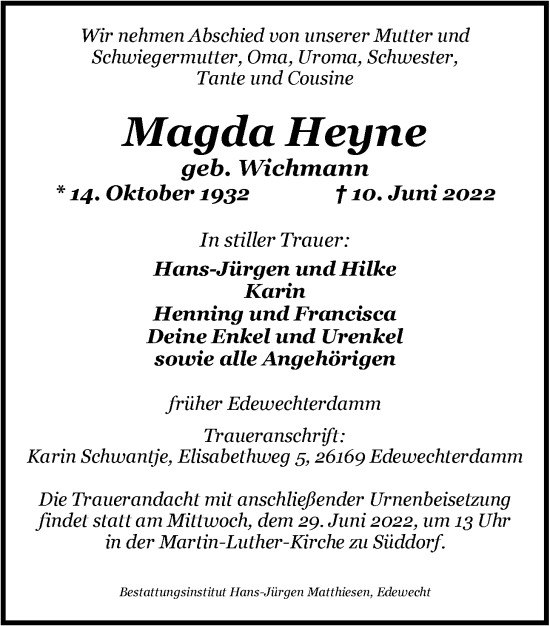 Traueranzeige von Magda Heyne von Nordwest-Zeitung