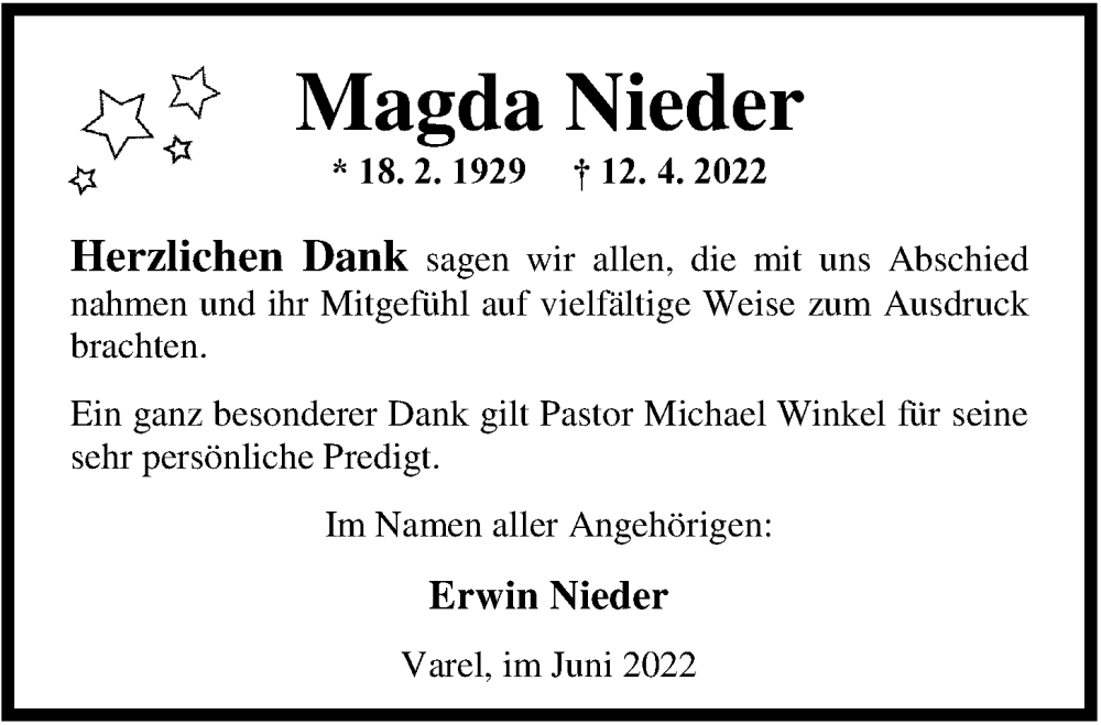  Traueranzeige für Magda Nieder vom 03.06.2022 aus Nordwest-Zeitung