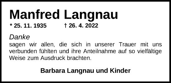 Traueranzeige von Manfred Langnau von Nordwest-Zeitung
