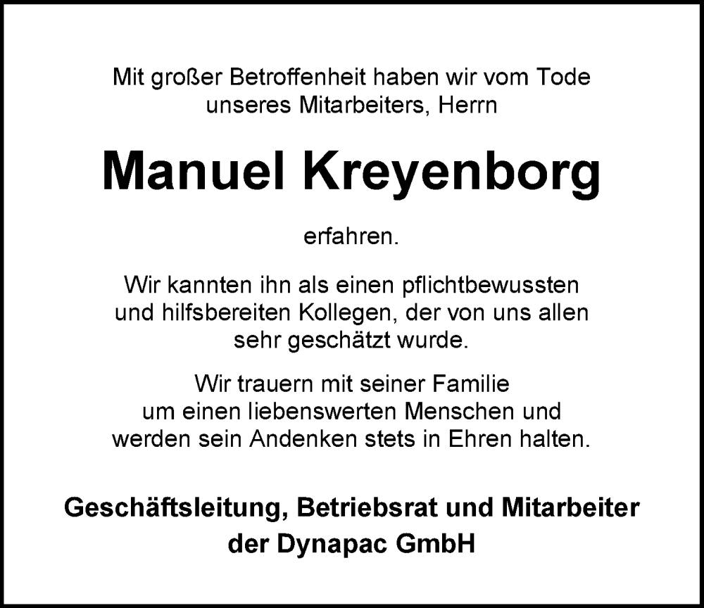  Traueranzeige für Manuel Kreyenborg vom 25.06.2022 aus Nordwest-Zeitung