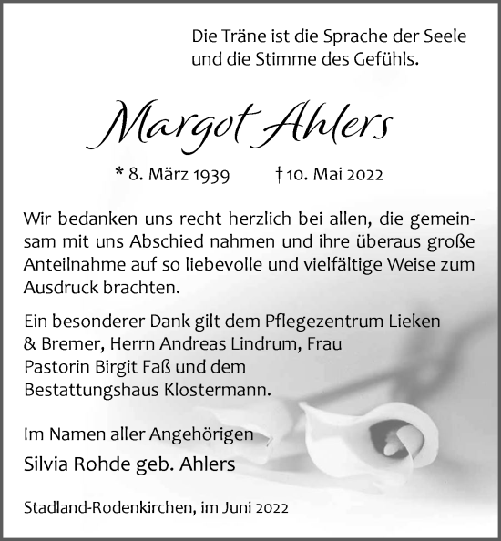 Traueranzeige von Margot Ahlers von Nordwest-Zeitung