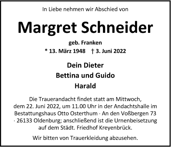 Traueranzeige von Margret Schneider von Nordwest-Zeitung