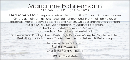 Traueranzeige von Marianne Fähnemann von Nordwest-Zeitung