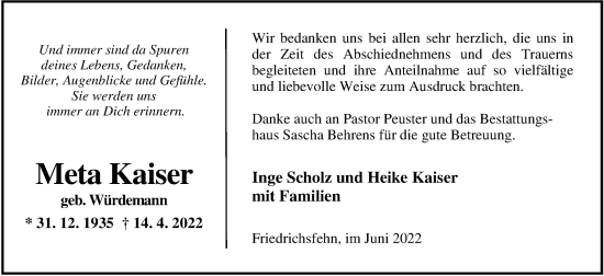 Traueranzeige von Meta Kaiser von Nordwest-Zeitung