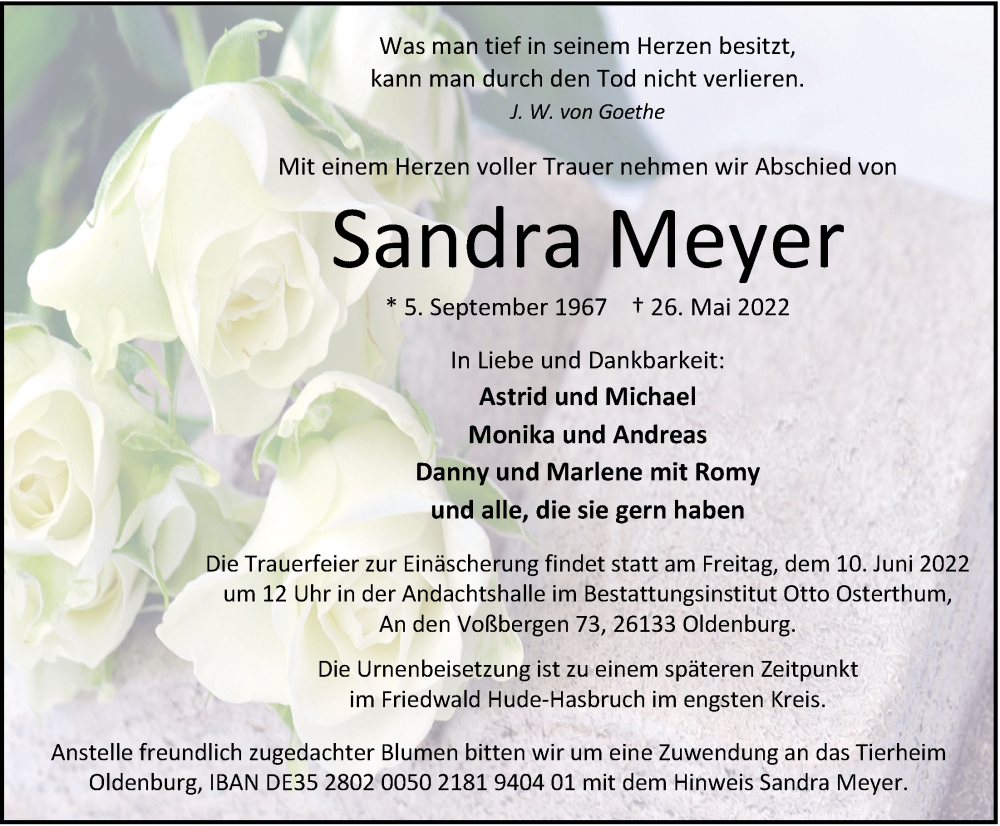  Traueranzeige für Sandra Meyer vom 04.06.2022 aus Nordwest-Zeitung