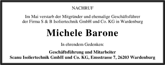 Traueranzeige von Michele Barone von Nordwest-Zeitung