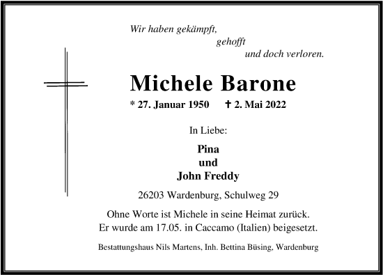 Traueranzeige von Michele Barone von Nordwest-Zeitung