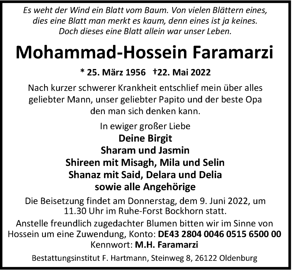  Traueranzeige für Mohammad-Hossein Faramarzi vom 04.06.2022 aus Nordwest-Zeitung