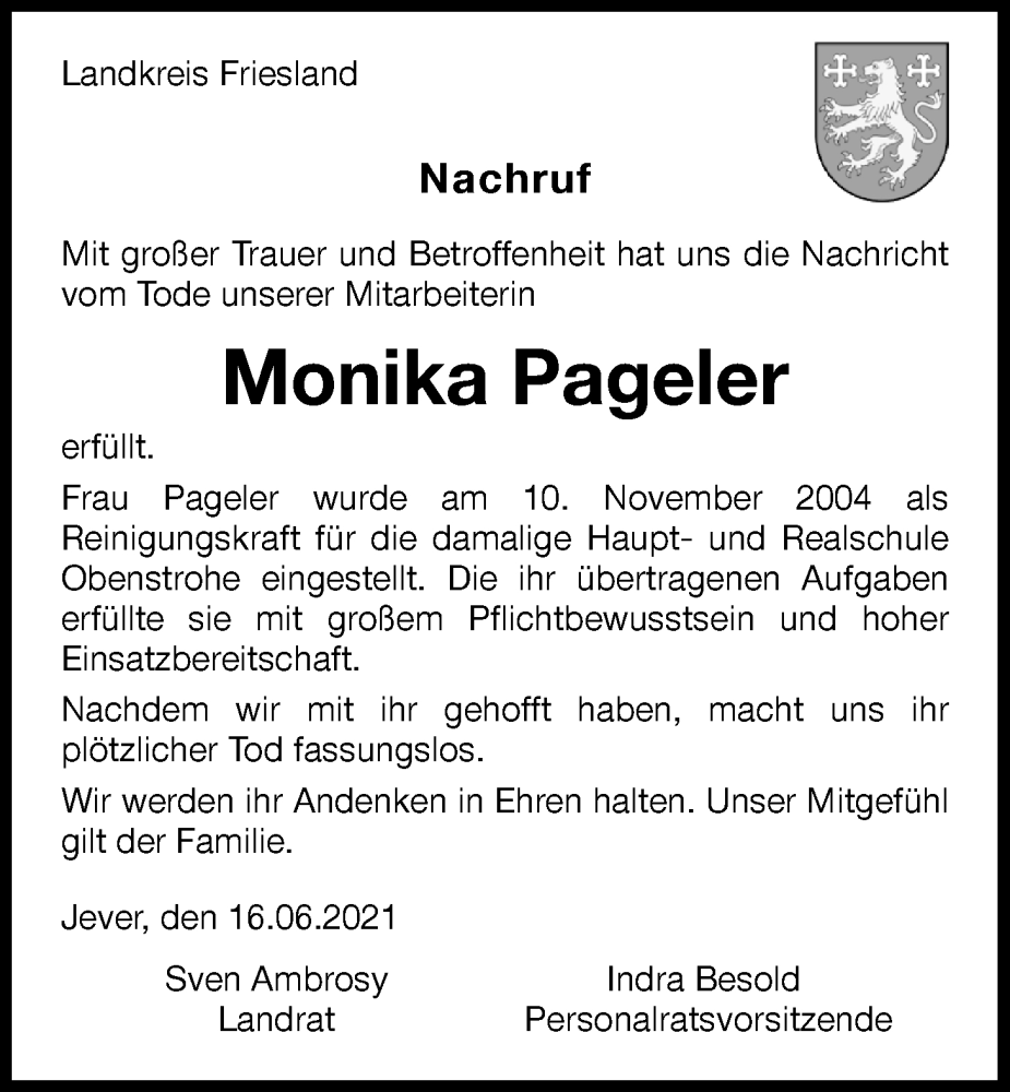  Traueranzeige für Monika Pageler vom 18.06.2022 aus Nordwest-Zeitung