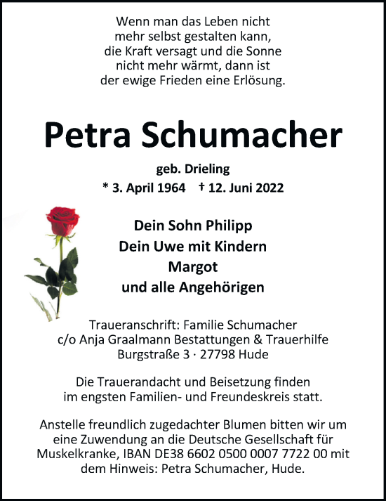 Traueranzeige von Petra Schumacher von Nordwest-Zeitung
