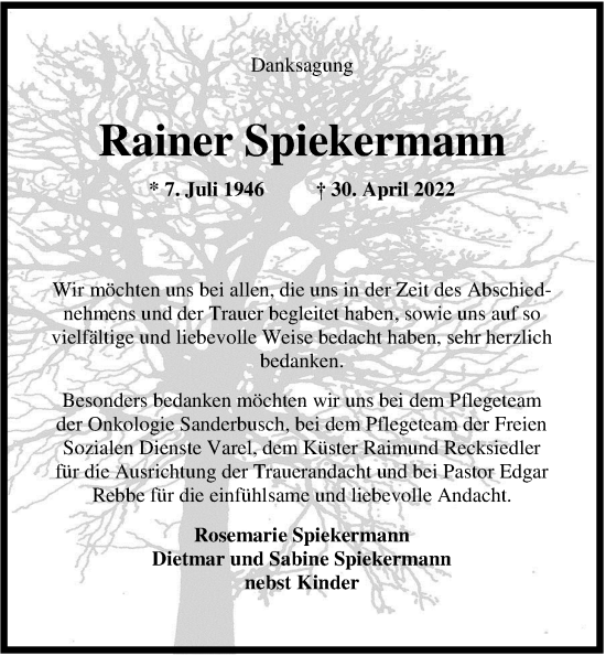 Traueranzeige von Rainer Spiekermann von Nordwest-Zeitung