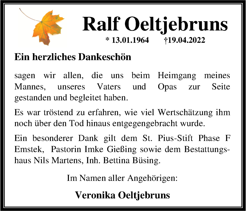  Traueranzeige für Ralf Oeltjebruns vom 11.06.2022 aus Nordwest-Zeitung