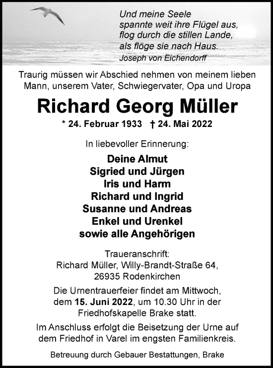 Traueranzeige von Richard Georg Müller von Nordwest-Zeitung