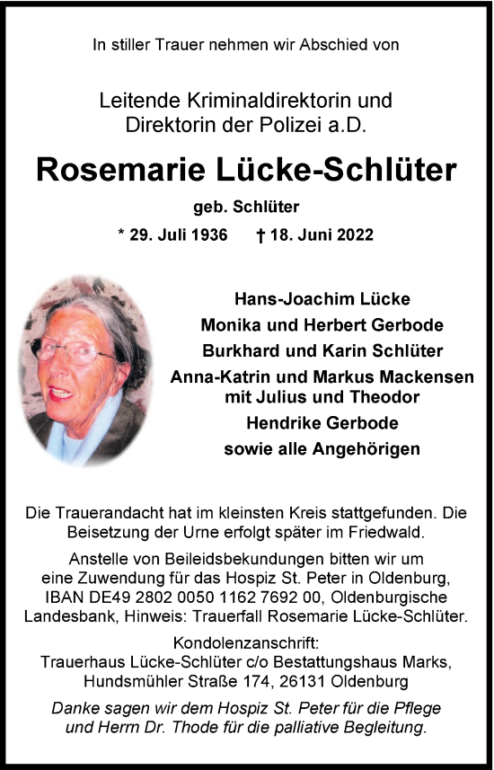 Traueranzeige von Rosemarie Lücke-Schlüter von Nordwest-Zeitung