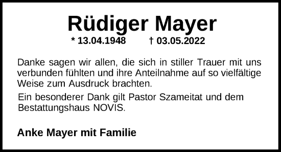 Traueranzeige von Rüdiger Mayer von Nordwest-Zeitung