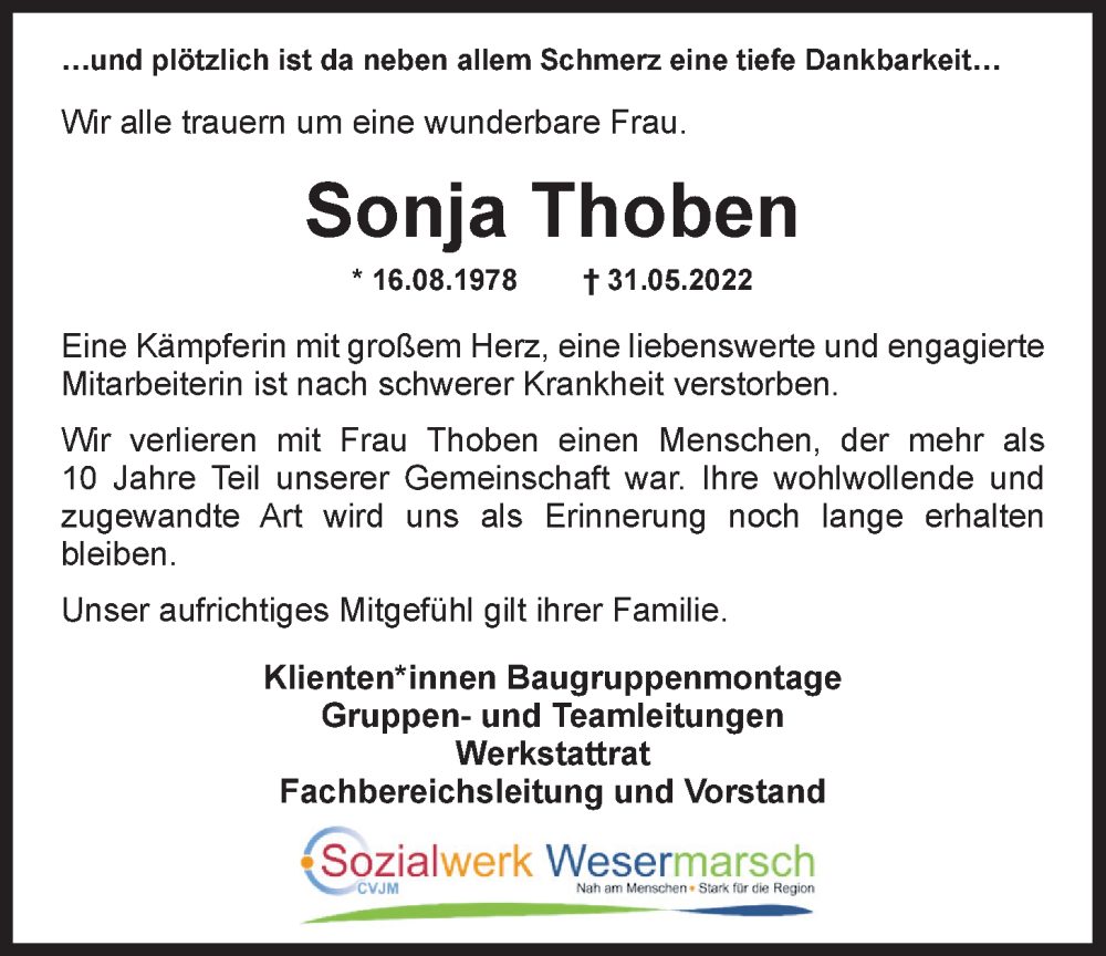  Traueranzeige für Sonja Thoben vom 09.06.2022 aus Nordwest-Zeitung