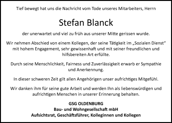 Traueranzeige von Stefan Blanck von Nordwest-Zeitung