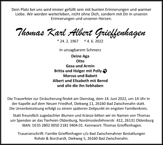 Traueranzeige von Thomas Karl Albert Grieffenhagen von Nordwest-Zeitung