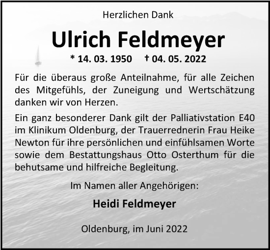 Traueranzeige von Ulrich Feldmayer von Nordwest-Zeitung