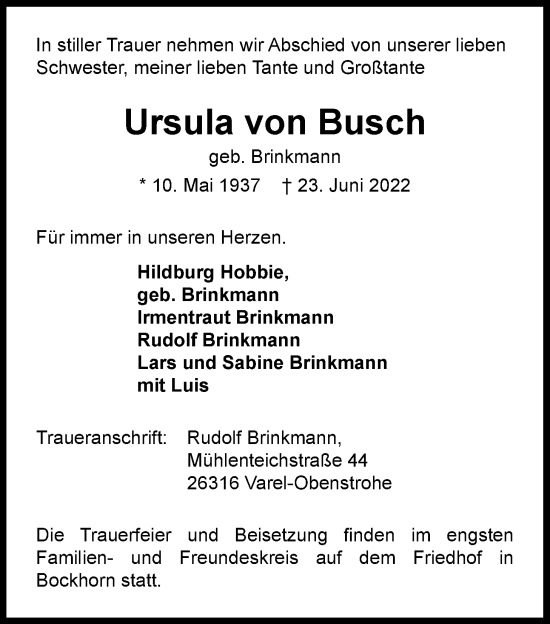 Traueranzeige von Ursula von Busch von Nordwest-Zeitung