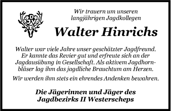 Traueranzeige von Walter Hinrichs von Nordwest-Zeitung