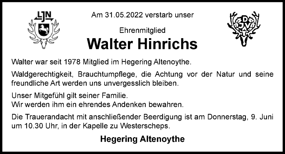  Traueranzeige für Walter Hinrichs vom 04.06.2022 aus Nordwest-Zeitung