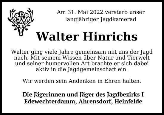 Traueranzeige von Walter Hinrichs von Nordwest-Zeitung