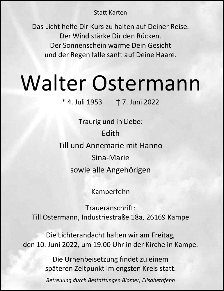  Traueranzeige für Walter Ostermann vom 09.06.2022 aus Nordwest-Zeitung