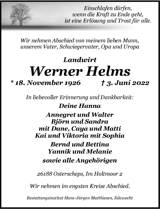 Traueranzeige von Werner Helms von Nordwest-Zeitung
