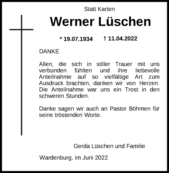 Traueranzeige von Werner Lüschen von Nordwest-Zeitung