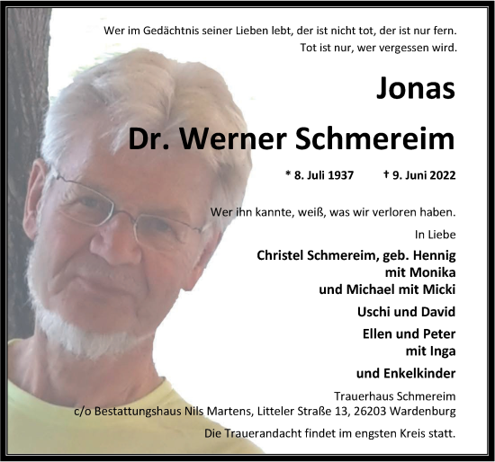 Traueranzeige von Werner Schmereim von Nordwest-Zeitung