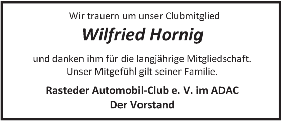 Traueranzeige von Wilfried Hornig von Nordwest-Zeitung