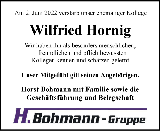 Traueranzeige von Wilfried Hornig von Nordwest-Zeitung