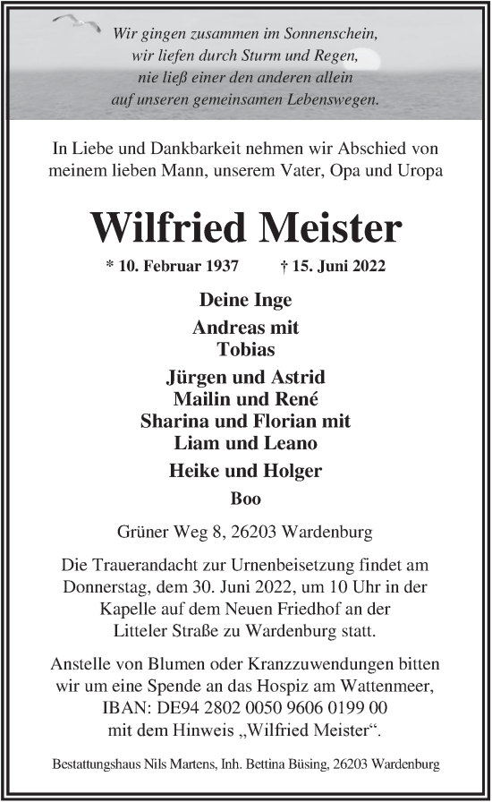 Traueranzeige von Wilfried Meister von Nordwest-Zeitung