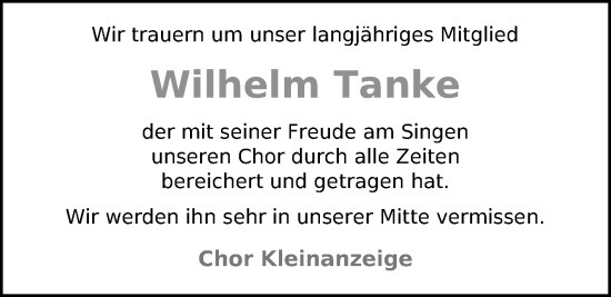 Traueranzeige von Wilhelm Tanke von Nordwest-Zeitung