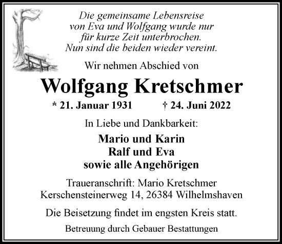 Traueranzeige von Wolfgang Kretschmer von Nordwest-Zeitung