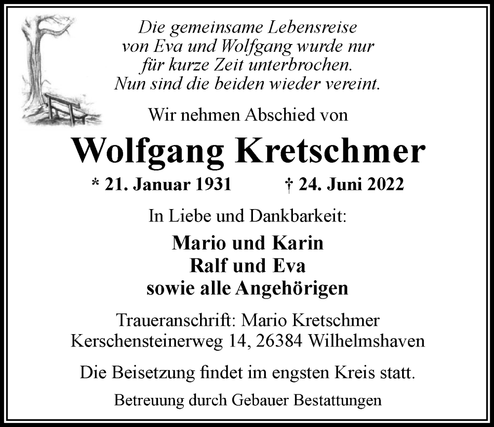  Traueranzeige für Wolfgang Kretschmer vom 29.06.2022 aus Nordwest-Zeitung